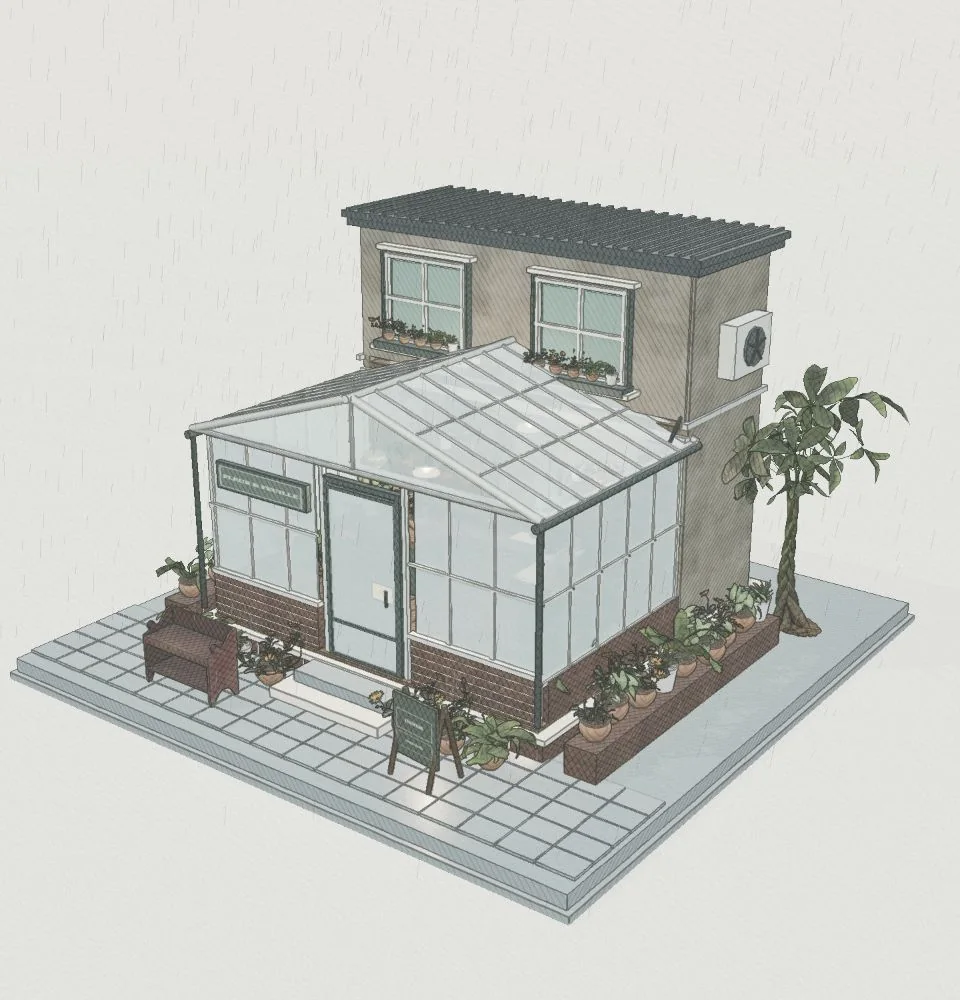 温室花屋的淡彩铅笔建筑速写，玻璃花房与街角小院
